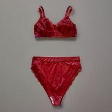 Vintage Lovable Burgundy Satin Lace Lingerie Set Bra 38C High Cut Panties 2X