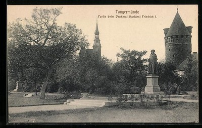 Tangermünde, view of the monument to Elector Frederick I, postcard