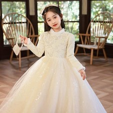 Girls Kids Show Long dress Sleeve Warm Mesh Ball Gown Party Princess Frock 72261