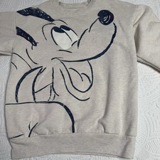 Disney Pluto Graphic Sweatshirt Beige Crewneck Pullover Cartoon Print Sz XS