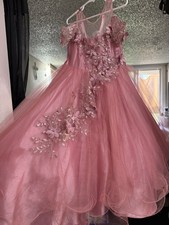 Girls Pink Formal Tulle Dress One Size with Floral Lace Applique