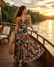 Farm Rio Black Floral Halter Maxi Dress - Sz Small