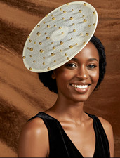 Women  s Ivory Mesh Fascinator Headpiece Gold Studded Accents One Size