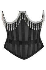 Black Sheer Underwire Waist Cincher w/Fringe Underbust Corset Steel Boned Pin Up