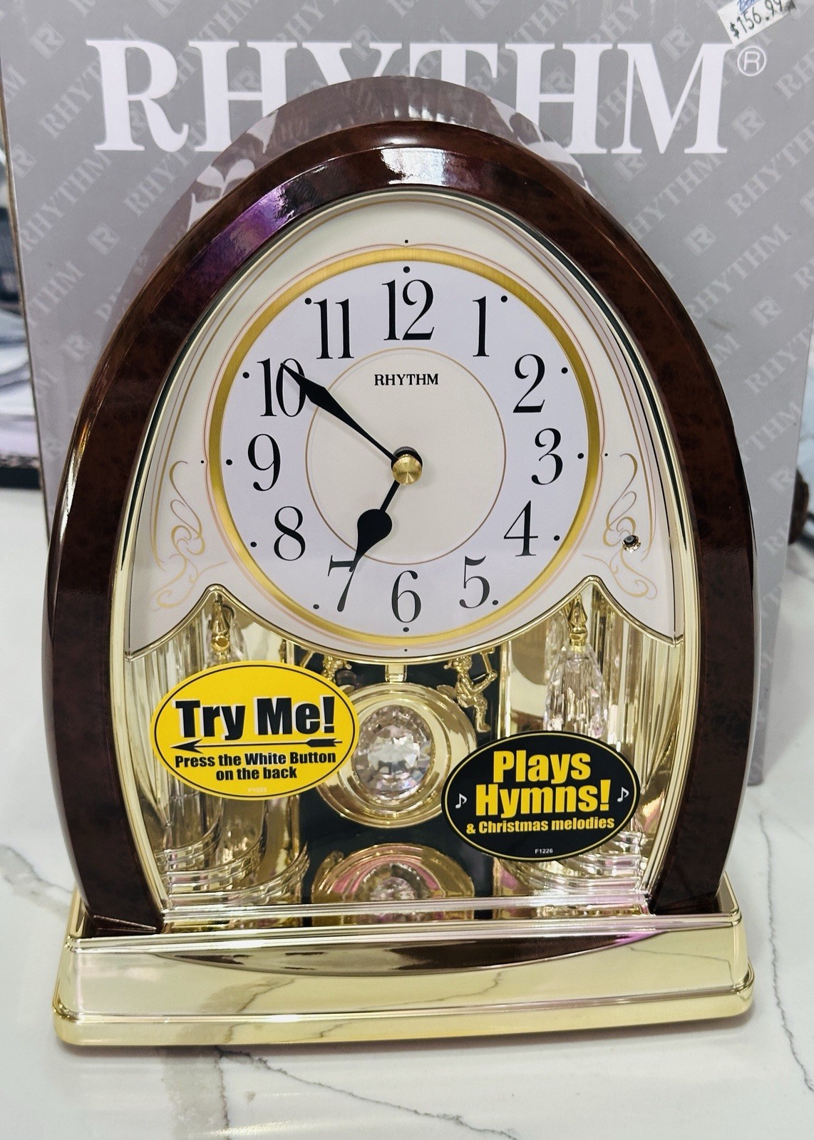 RHYTHM Joyful Crystal Gold WOOD GRAIN Musical Mantel Clock NEW! 6 Hymns 6 Xmas M