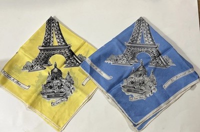 Paris Landmarks Souvenir Square Scarf Blue & Yellow Eiffel Tower Louvre Lot Of 2