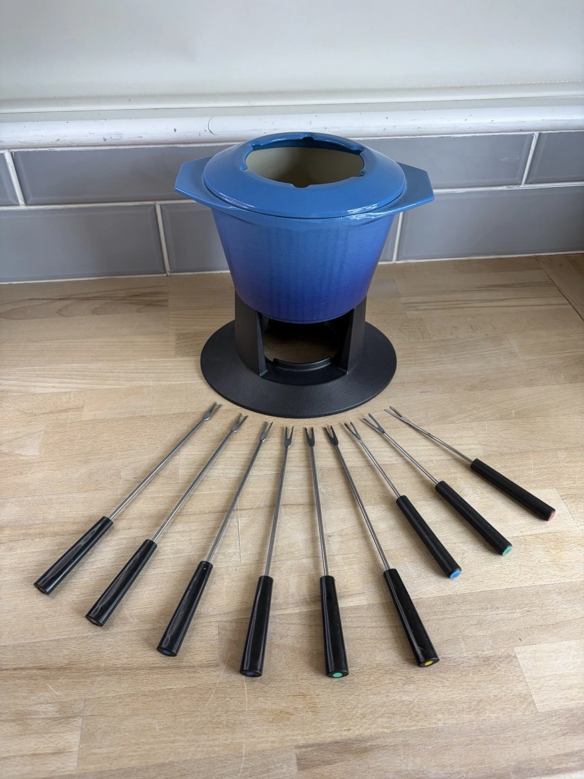 Vintage Le Creuset Blue Enameled Cast Iron Fondue Set Pot Stand And Forks
