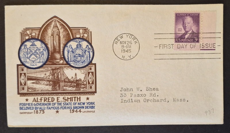 1945 First Day Cover US Scott 937 Alfred E. Smith Staehle Cachet FDC