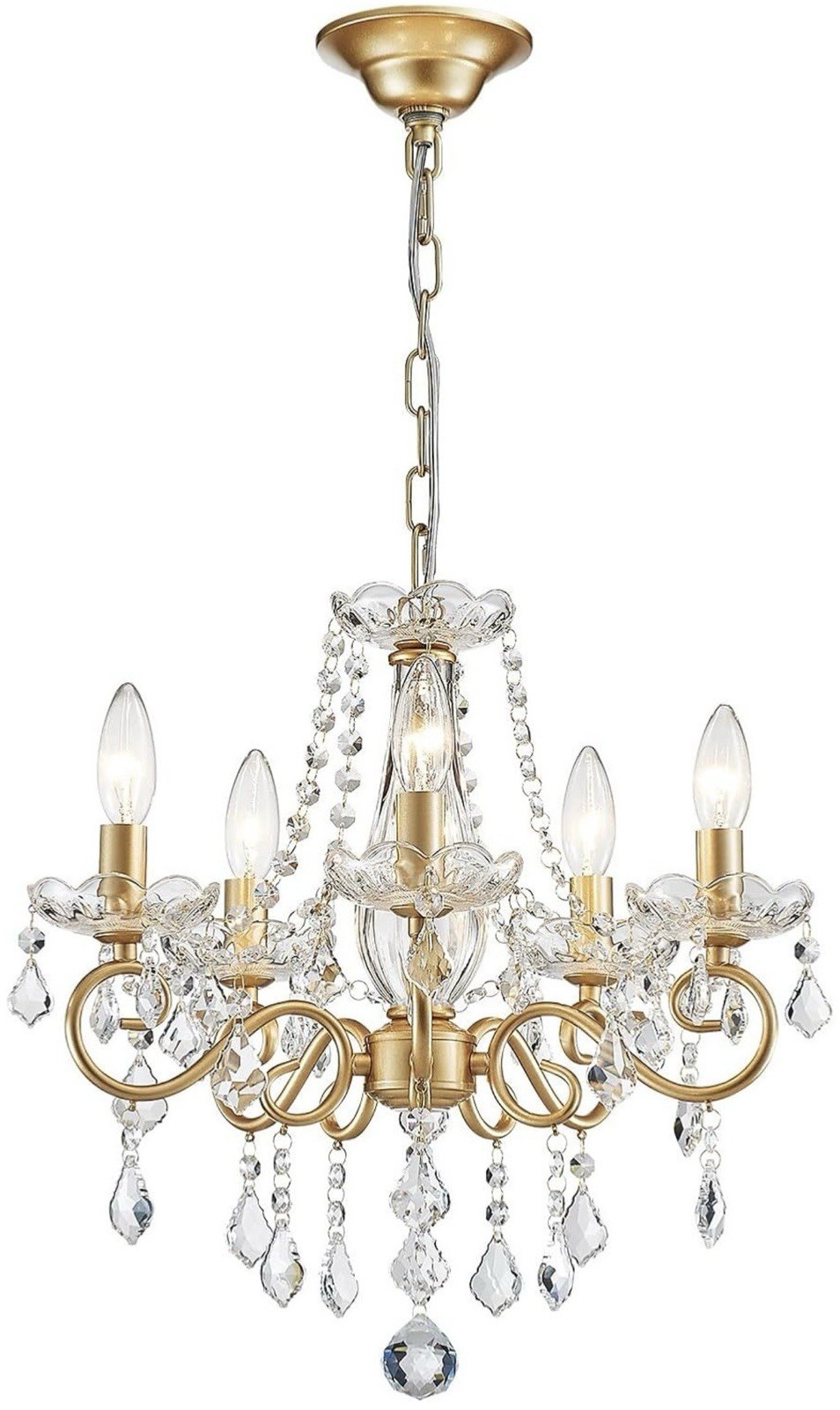 Antique Gold Crystal Chandelier 5-Light Polished Metal Ceiling Fixture