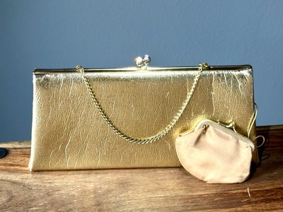 Vintage 50 s Rhinestone Kiss Lock Gold Shimmer Handbag Clutch w/ Coin Purse MCM