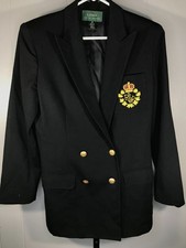 Vintage Ralph Lauren Women's Black Double Breasted 3D Crest Wool Blazer Size 10