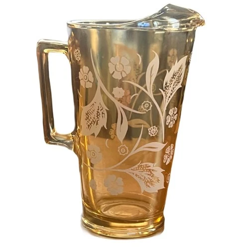 Jeanette Glass Marigold Luster Pitcher with White Flower Design Vintage Carnival