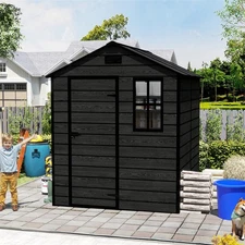 6x6 FT Outdoor Resin Storage Shed Lockable Garden Tools House with Window & Base