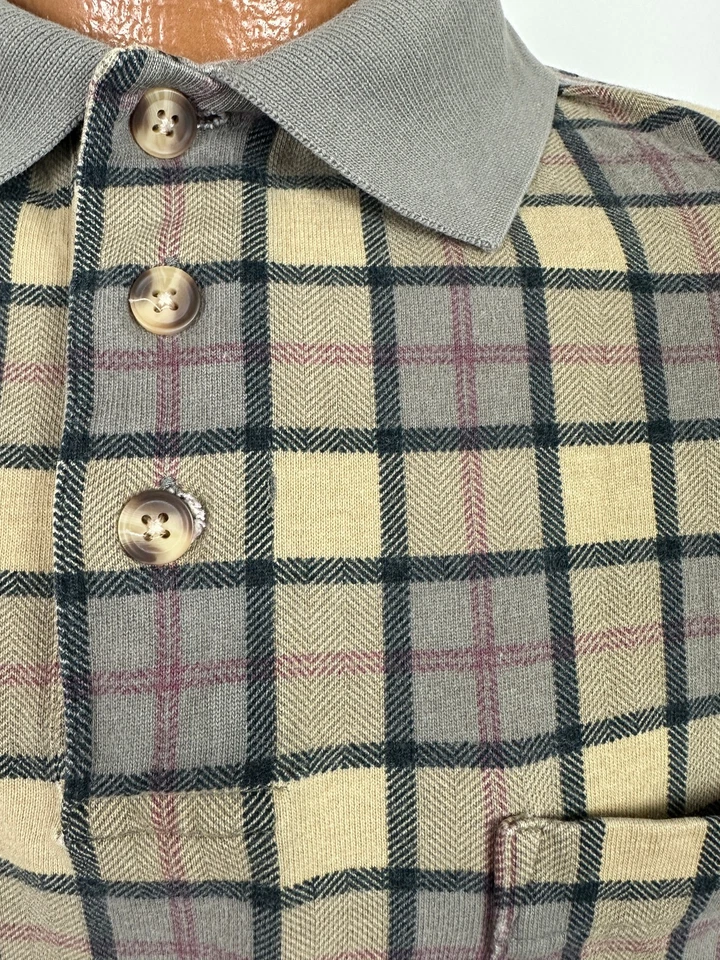 Vintage 90s Plaid Polo Shirt Men Medium Beige Gray Cotton Pocket Roundtree Yorke - Image 4 of 4