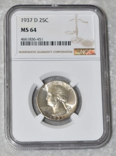 1937 D WASHINGTON QUARTER DOLLAR 90% SILVER NGC MS 64 MS64 DENVER MINT 25¢ COIN