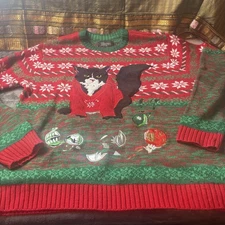 Christmas Pullover Sweater Angery Cat Broken Ornaments Size Large By 33 Degrees