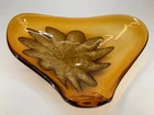 Vintage MCM Amber Murano Art Glass Bowl with Abstract Golden Flower Design