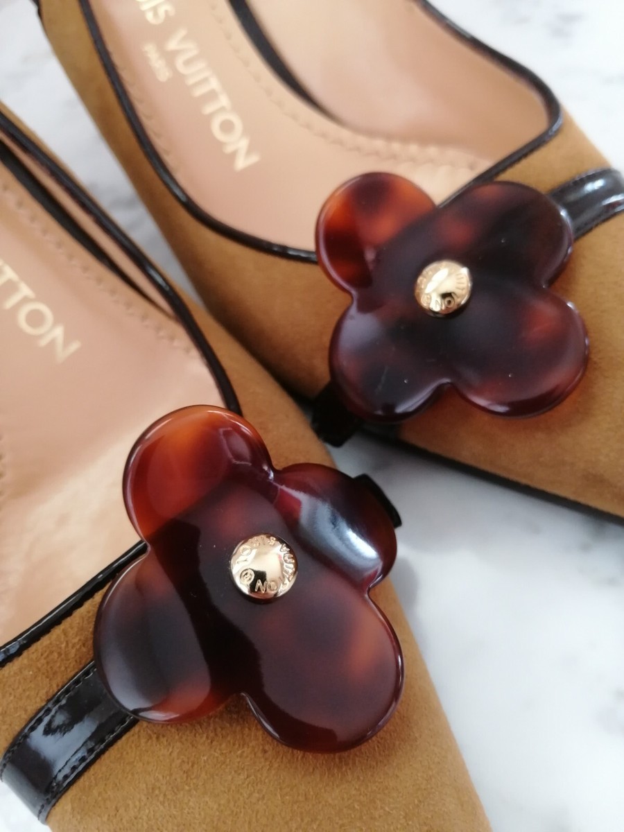 LOUIS VUITTON Slingback Suede Leather Flower Shoes Kitten Heels