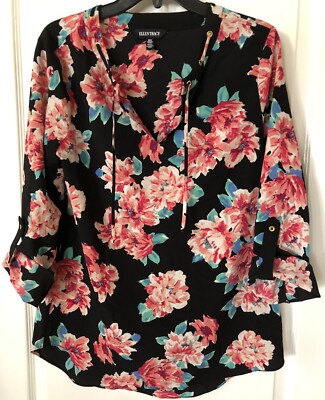 New Women s Ellen Tracy Floral On Black V Neck Shirt Size Medium