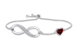 Authentic Simulated Diamond Garnet Heart Symbol Charm Bracelet in 14K Gold Plated Silver