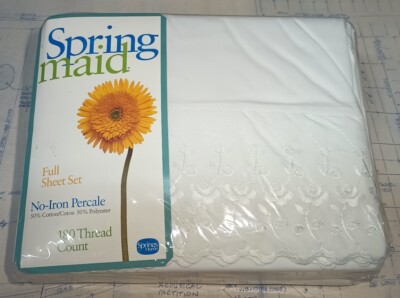 SPRINGMAID Tiara Lace White FULL SHEET SET No-Iron Percale 1990s NEW Made in USA
