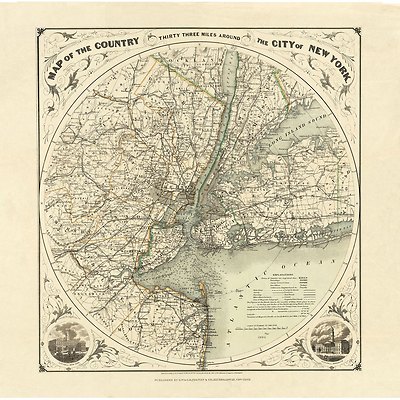 New York City 1893 Round Map Art Print or Gallery Wrapped Canvas Ready to Hang