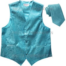 New Men's paisley formal Tuxedo Vest Necktie Turquoise blue wedding formal party