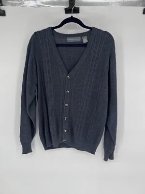 Vintage Oscar de la Renta Cardigan Sweater Men’s Large Textured Cable Blue 