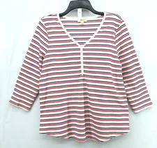 Style & Co Shirt Womens Large Red White Blue Striped Thermal Henley Long Sleeve