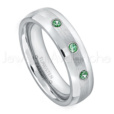 0.21ctw Emerald 3-Stone Ring, May Birthstone Ring, Tungsten Wedding Band #006