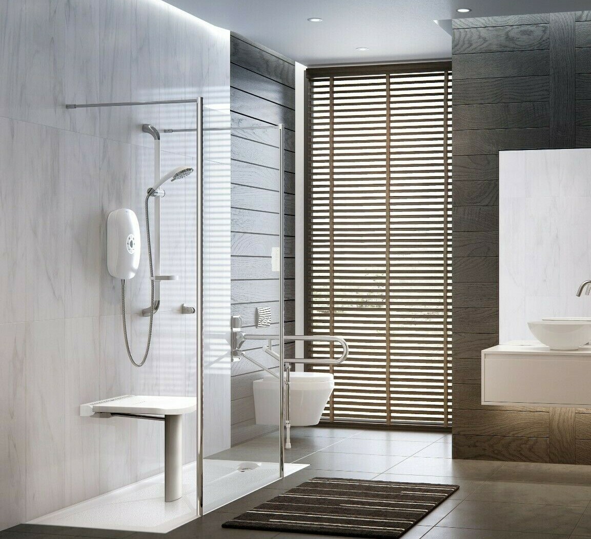 AKW Compact Wall Mounted Shower Seat FoldUp Bathroom Chair Black