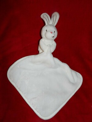 DOUDOU PLAT LAPIN AUCHAN BABY BLANC BRODE MARRON NEZ ROUGE MOUCHOIR NEUF 