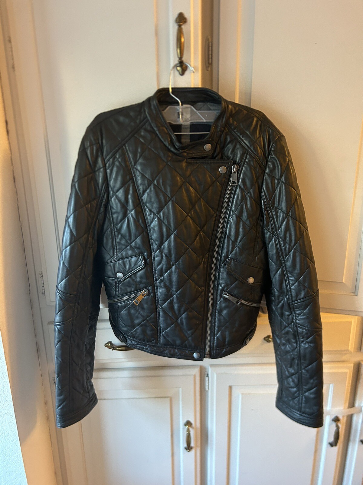 Burberry Black Leather Quilted Biker Jacket
