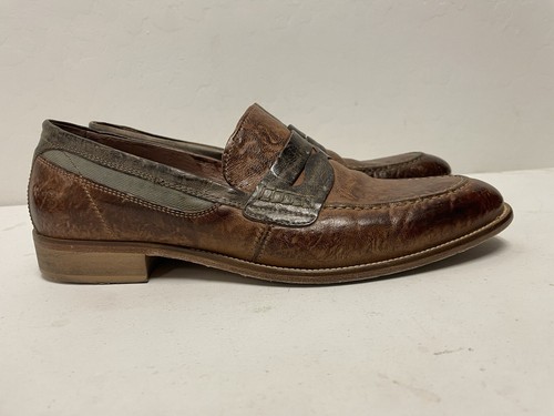 BACCO BUCCI Made in Italy Distressed Leather Penny Loafer in Browns Size 10 - Picture 4 of 7