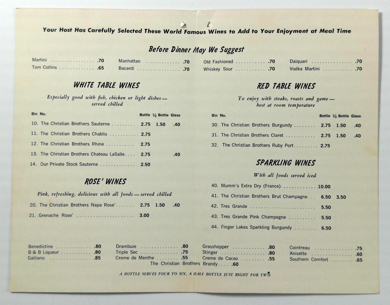 1960's Vintage WINE LIST Menu THE STEAK HOUSE Parker Hotels Minot North