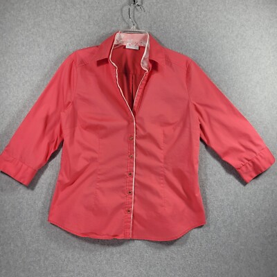 New York & Company Stretch Womens Blouse Coral Contrast Fabric Button Front L