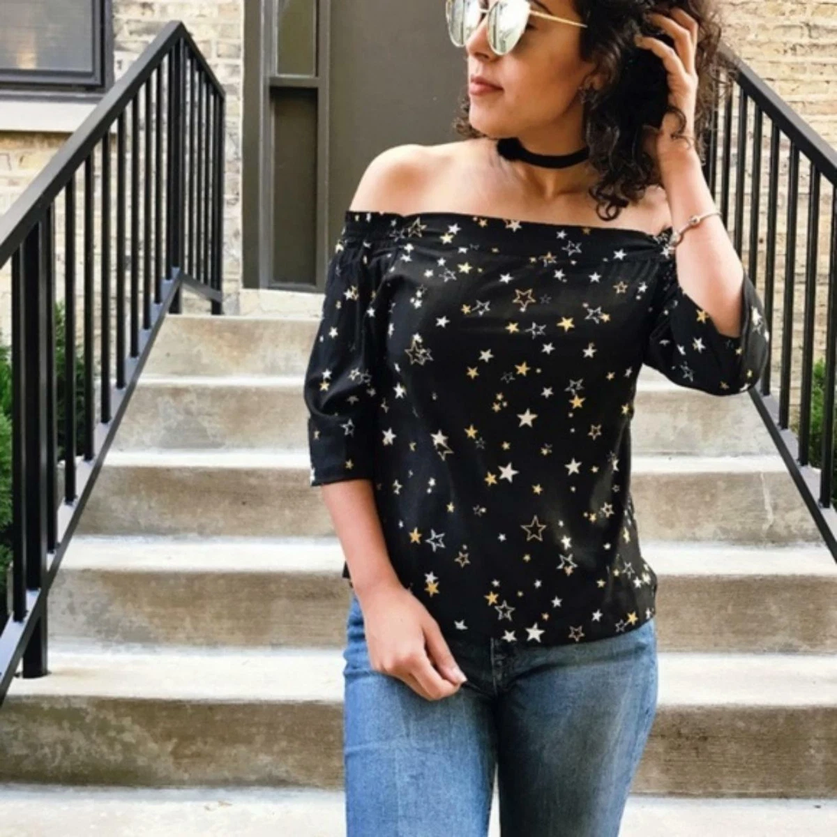 Black Gold Metallic Star Print Off Shoulder Top eBay