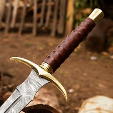 Handmade Damascus Steel Viking Sword Double Edge Full Tang with Leather Sheath.