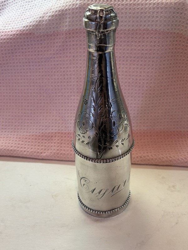 Antique Silver-Plated Champagne Bottle Cigar Holder Engraved 'Cigars’ 