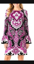 Y2K INC Paisley Sheath Dress Bell Sleeve Stretch Knee Retro 70s Groovy Boho S 