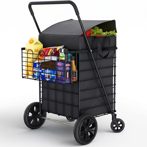 ( USED ) Folding Utility Shopping Cart with Double Basket, Swivel Wheels
