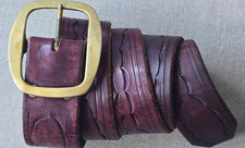 Vintage Handmade Brass Leather Belt Burgundy Cowhide with Embossing Sz 40 Taiwan