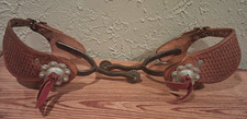 NICE OLD VINTAGE PAIR OF WESTERN COWBOY SPURS & TOOLED LEATHER STRAPS & SILVER C