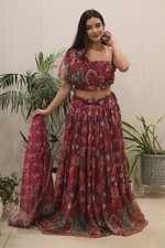 Wine Floral Printed Organza Silk Lehenga Choli Set Wedding Party Wear Dupatta