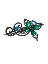 Antique Gold Teal Crystal Butterfly Hair Barrette Clip Women Vintage Charm