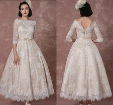 Vintage Lace Wedding Dress Half Sleeves A Line Backless Tea Length Bridal Gowns
