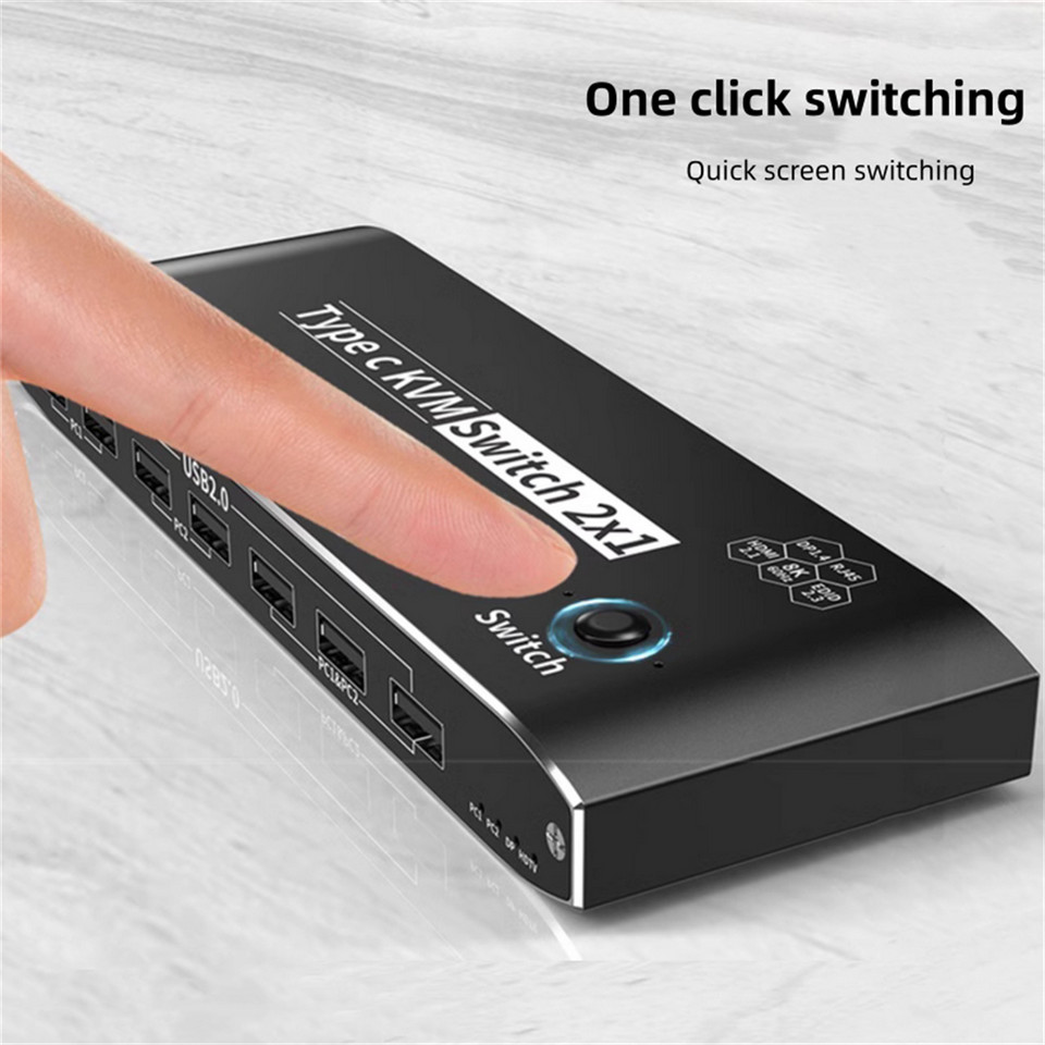 2x1 8K USB C KVM Switch RJ45 100W PD Charge 2 In 1 Out Type C KVM ...