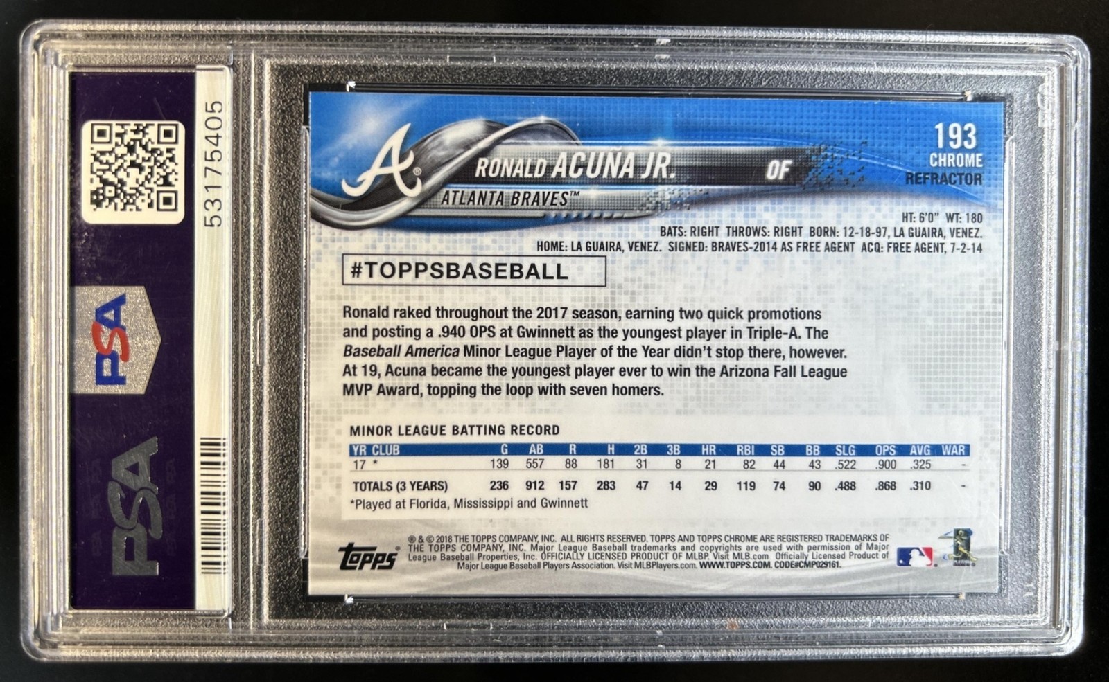 2018 Topps Chrome Ronald Acuna Jr. RC X Fractor Rookie #193 Braves PSA 9 view 2