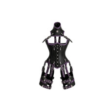 Gothic Leather Harness Corset, Black Purple Waist Cincher, High Collar Bodysuit