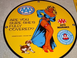 VINTAGE 1958 AAA AUTOMOBILE CLUB WOMAN +DOG 11 3/4" PORCELAIN METAL GAS OIL SIGN